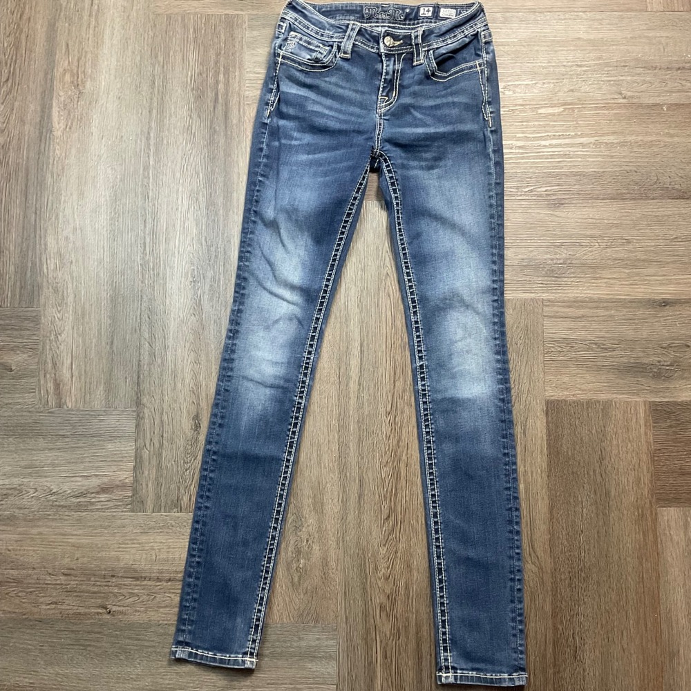 Miss Me Super Skinny Crystal Bling Embellished Jeans Girls 14 Blue Coquette Y2K - Picture 4 of 8